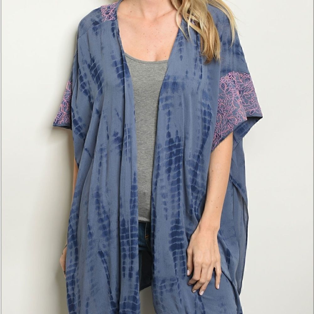 Navy tie dye kimono with embroidery and beads